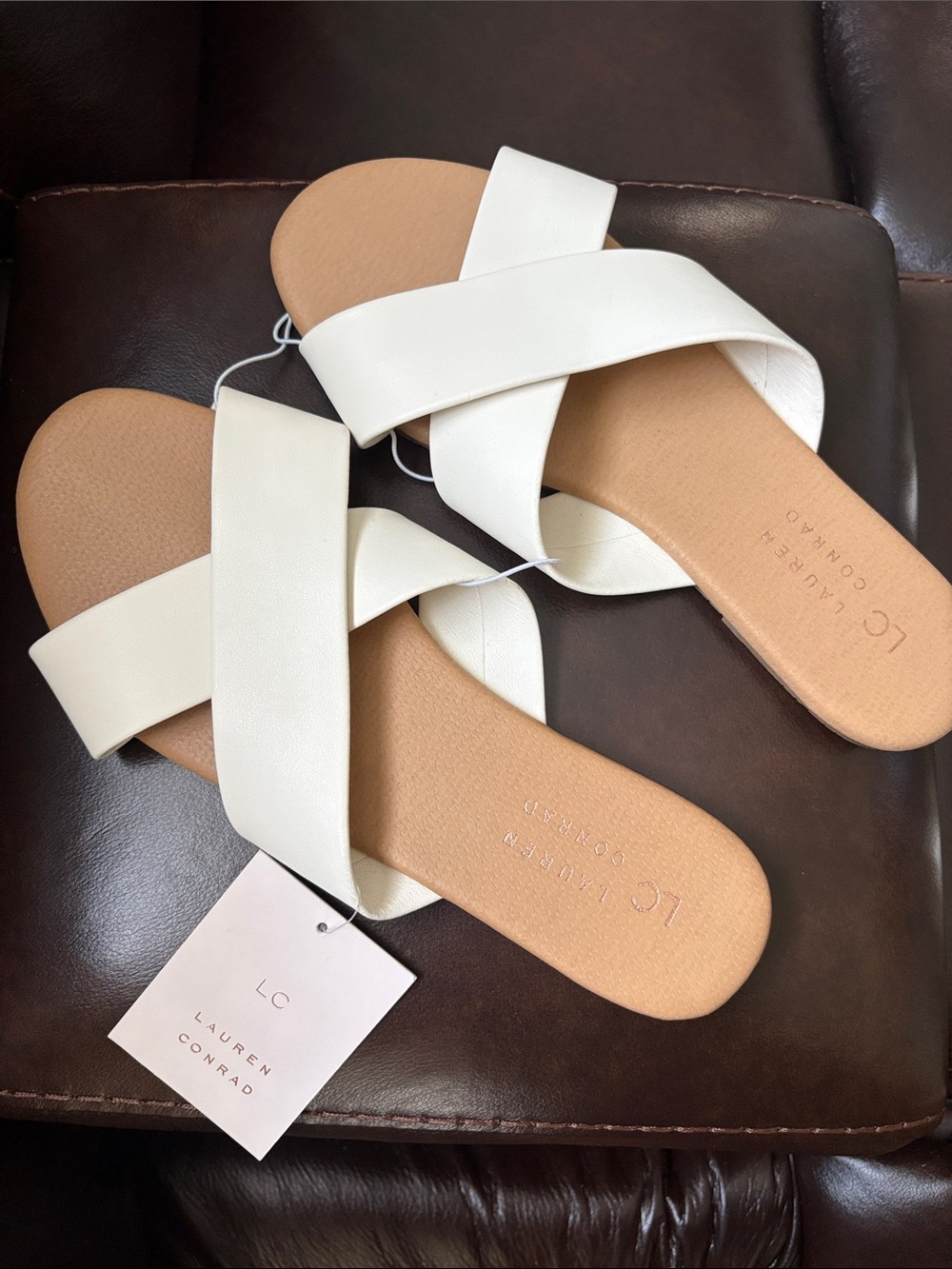 LC Lauren Conrad White Crisscross Slide Sandals with Tan Footbed